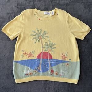 Alfred Dunner Womens Sweater Large Yellow Embroidered Sequin Short Sleeve Sunset